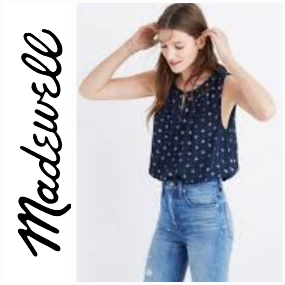 Madewell Memory Medallion Dot Sleeveless Blouse Blue Tank With Keyhole Style XXS